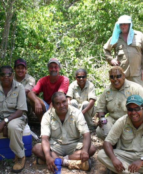 Rangers with GPR specialist Prof. Lawrence Conyers, taking a break from GPR data collection at Mapoon Mission Cemetery, Mapoon, Queensland (Aunty Diane who was instrumental to this tool kit is featured to the le sitting on the blue esky) (Source: M.Sutton).