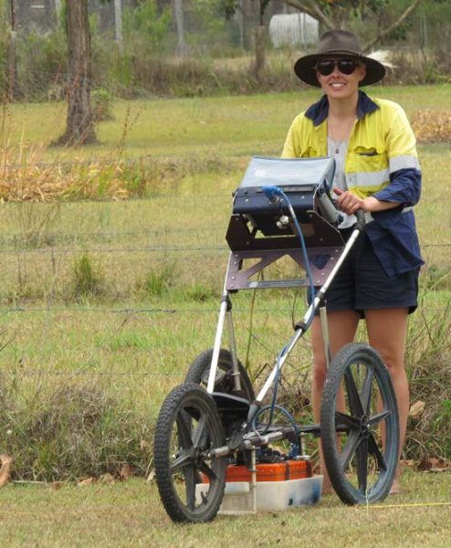 Ground-penetrating radar system, this one is a GSSI SIR-3000 system with 400 MHz
antennas mounted on the “baby jogger” cart being used at Coraki Cemetery, on Bandjalang
country, NSW (Source: Virtus Heritage).